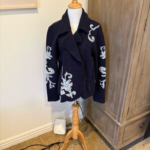 Chico's Dark Blue Blazer with White Embroidery
